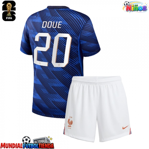 Camiseta Francia Desire Doue #20 Primera Equipación Replica Mundial 2026 para niños mangas cortas (+ Pantalones cortos)